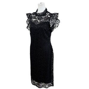 Enfocus Studio Black Floral Lace Cocktail Dress – Sheer Neckline & Ruffle Sleeve